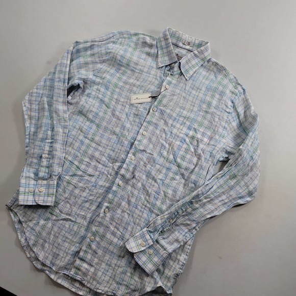 Peter Millar Linen Shirt Men Medium Crown Cool White Plaid Long Sleeve Golf $145 - Picture 3 of 9